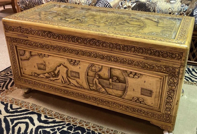 Late 1800s-ANTIQUE CHINESE CAMPHOR WOODEN CHEST w/Ornate Hand Carvings 35x16x18”