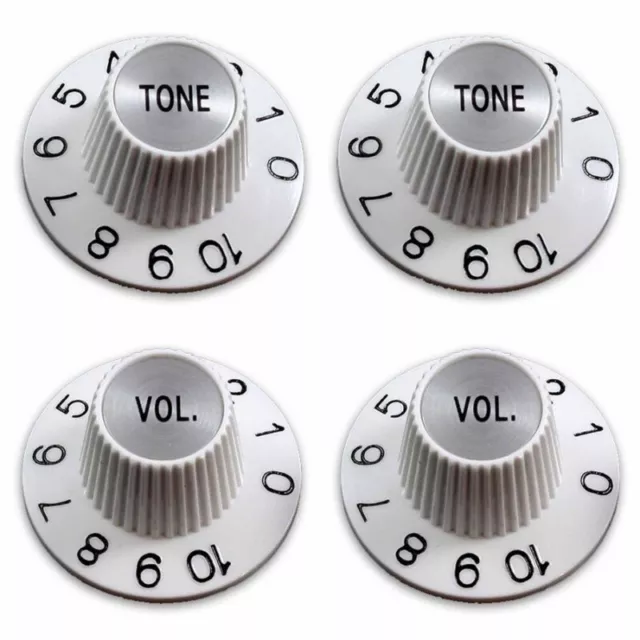 4 White Tone + Volume Witch Hat Knobs Silver reflector for US pots