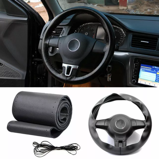 Car Auto DIY Black Genuine Leather Steering Wheel Cover Wrap Sew-on Kit 37-38cm 2