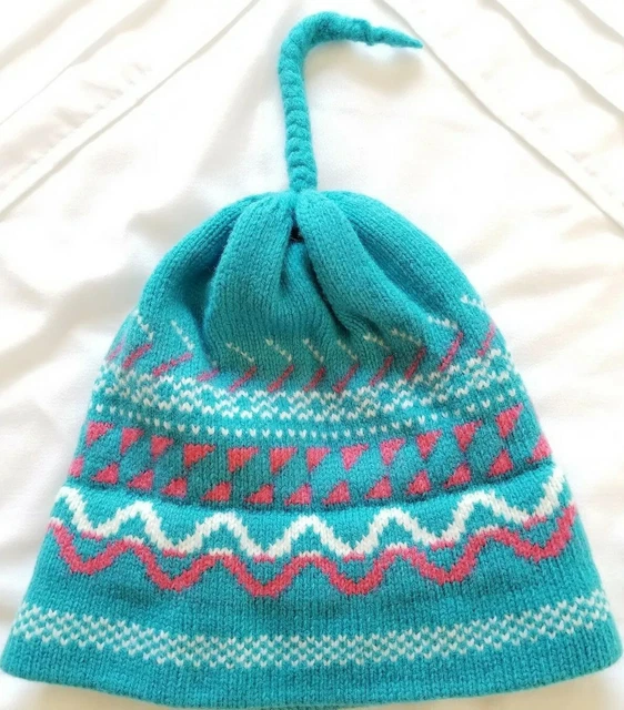 Eddie Bauer Ski Hat Skull Beanie Vintage 100% Wool Two-Ply Knit Tassel Blue