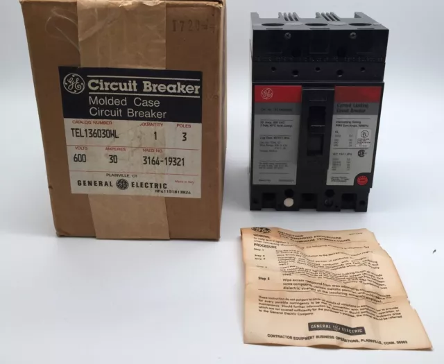 GE TEL136030WL Circuit Breaker 30A 600VAC 3P 480V 65kA 50/60Hz General Electric