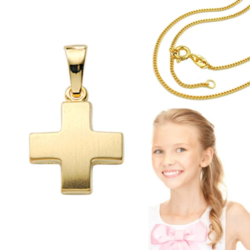 Kinder Taufe Kommunion Konfirmation Kreuz Anhänger Gold 750 Mit Silber