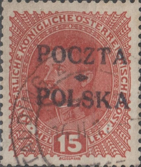 USED 1919 POLAND 15 H Krakow Issue Stamp POLSKA POCZTA Overprint Austrian Empire