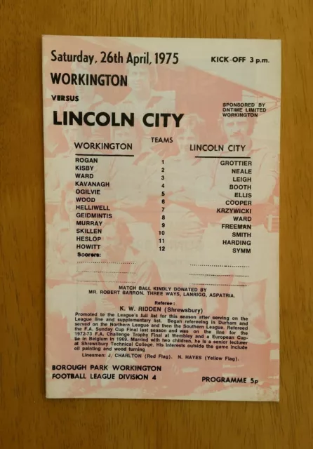 1974/75 WORKINGTON v LINCOLN CITY  - EXCELLENT CONDITION