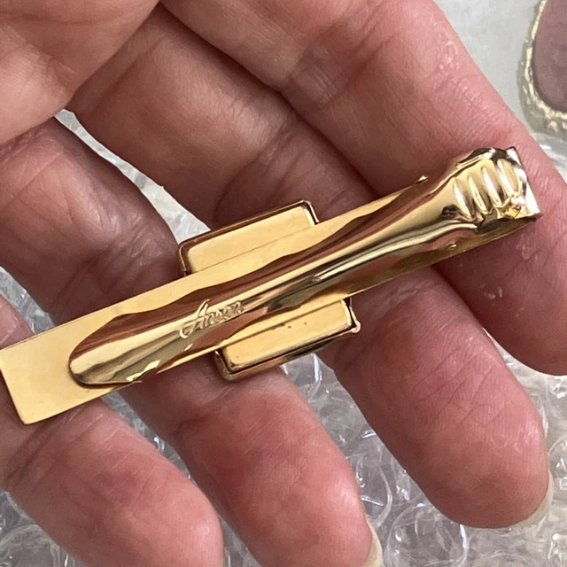Anson CUFFLINKS & TIE BAR in original case 1940s Gold Plate Cut-out Red Glass 3