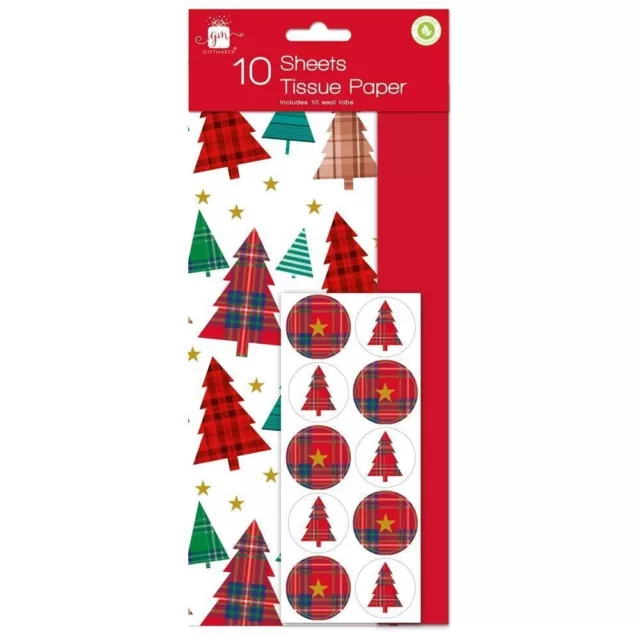 10 Sheets Tartan Christmas Trees Tissue Paper- Xmas Gift Wrap & Sticker Seals