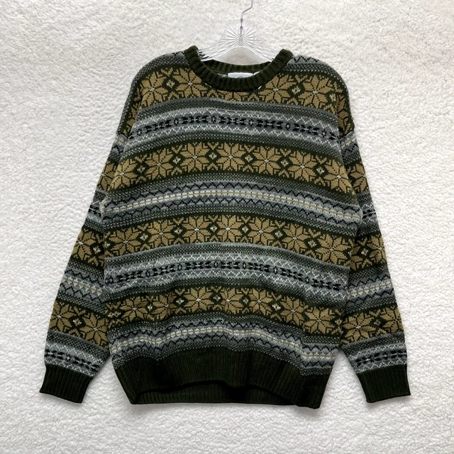 Y2K 2000s Farah Green Fair Isle Icelandic Nordic Knit Sweater Mens L Large