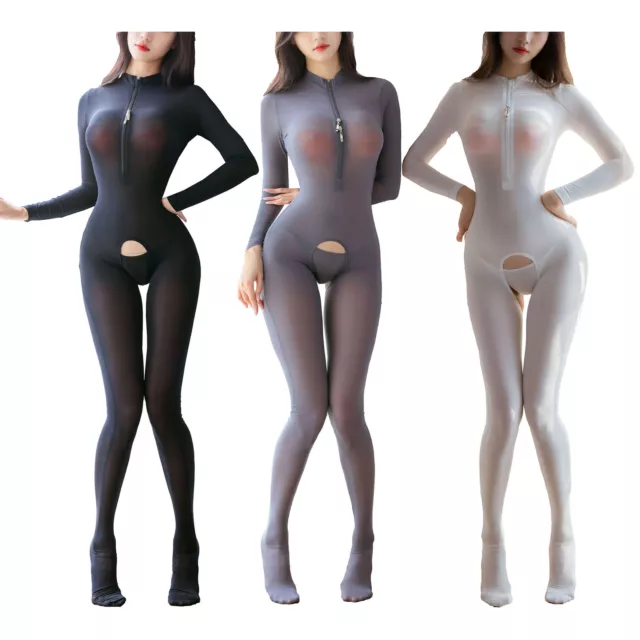 Damen Transparent Ganzkörperanzug Einteiler Overall mit Offener Schritt Catsuit