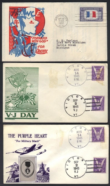 Us 1943 45 Three Patriotic Cover Purple Heart V J Day & France Forward W/God For