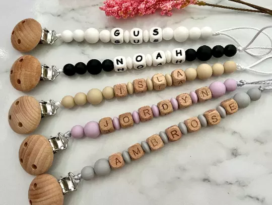 Personalised Dummy Clip Silicone Wooden Dummy Chain Pacifier Chain Newborn Gift