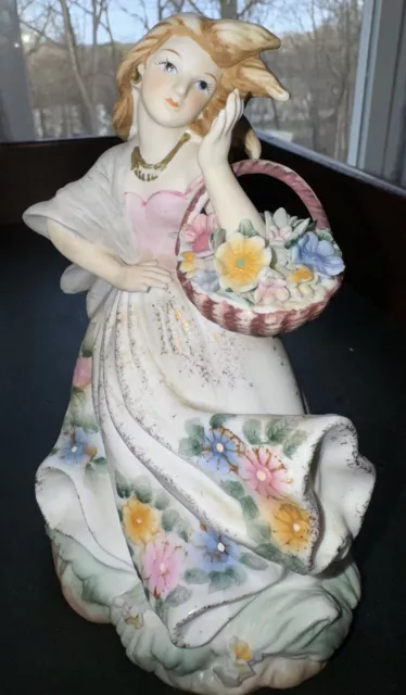 Vintage Lefton China. Beautiful Girl With Basket Of Flowers. Hand Painted