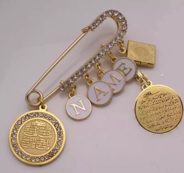 Gold Allah Charm Muslim Baby Pin, Nazar Safety Pin, Name Pin with Allah  Pendant in Pink or Blue for a Girl or a Boy, Large size