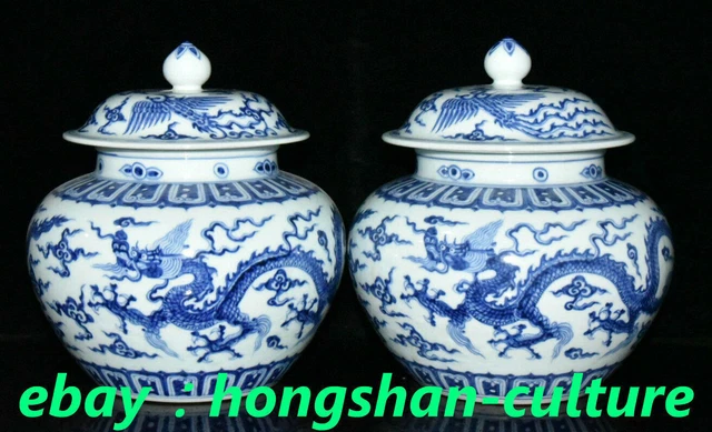 Paire de pots à cruche en porcelaine bleue et blanche Daming de 8,8 po