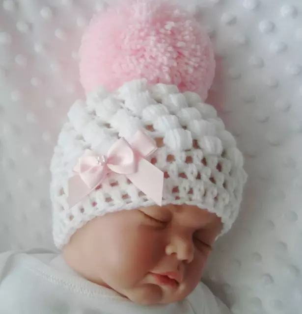 baby girl crochet bobble hat white 2 pink satin side bows pink pom pom handmade