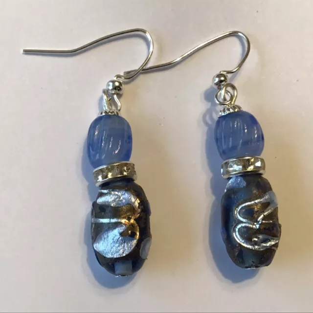 New Vintage Blue Foil And Molded Glass Bead Pierced Dangling Earrings