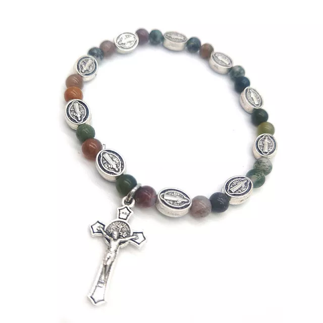 Vintage Colorful Natural Stone Religious Gift Jewelry Beads Cross Bracelet - EL