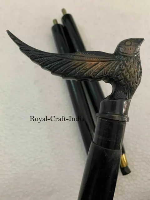 Bastón de madera victoriano con mango de cabeza de pájaro de latón antiguo,...