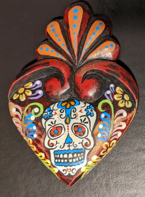 Mexican Folk Art Day of the Dead Hanging Wood Plaque Skull by Joaquin Garnica