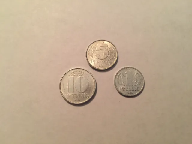 East German DDR Cold War Era Coins:10 Pfennig, 5 Pfennig and 1 Pfennig 60's-80's