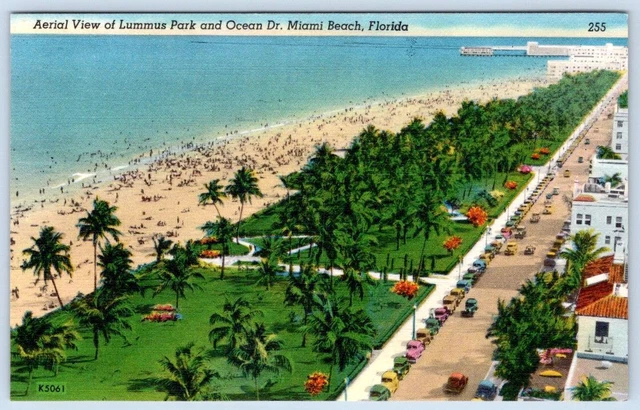 1940-50's AERIAL VIEW LUMMUS PARK OCEAN MIAMI FLORIDA FL VINTAGE LINEN POSTCARD