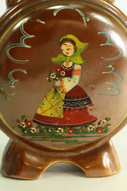 = Antique Lusterware Canteen Flask Hand Painted Ethnic Girl with Flower 3
