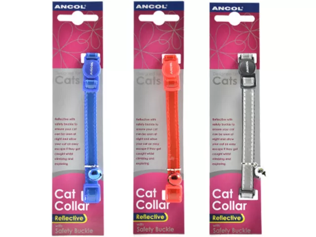 Ancol Glossy Cat Collar Reflective Safety Buckle Blue Red Silver with Bell