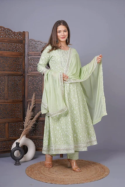 Kurti Women Bollywood Gown Indian Pakistani Green Anarkali Pant Dupatta Set Suit