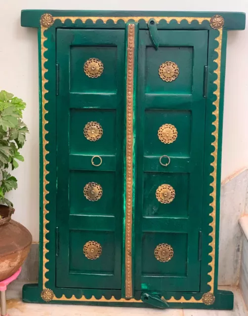 Green painted wooden window wall hanging brass fitting frame carved jharokha