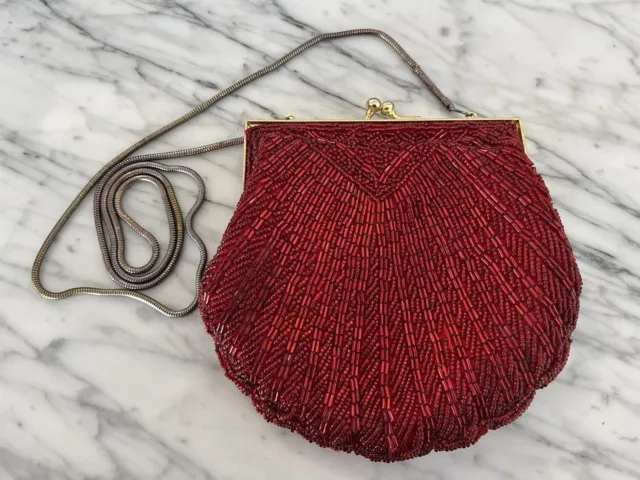 Red Beaded Purse Evening Bag Clamshell Scallop Clutch Gold Chain Vtg 70s 80s