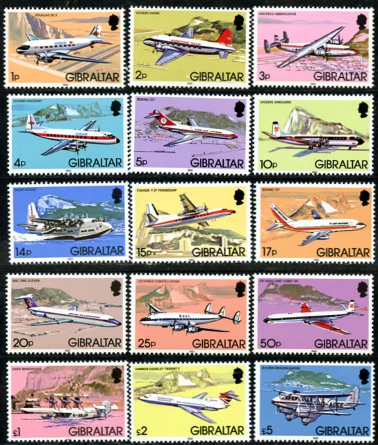 Gibraltar Mi.Nr. 432-46 **, Freimarken Flugzeuge, kpl. und postfrischer Satz!