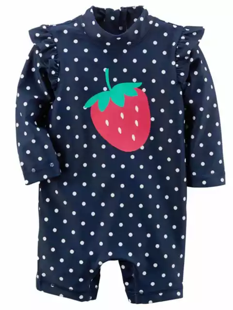 Carters Infant Girls Blue Polka Dot Strawberry Rash Guard Baby Swimming Suit 6m