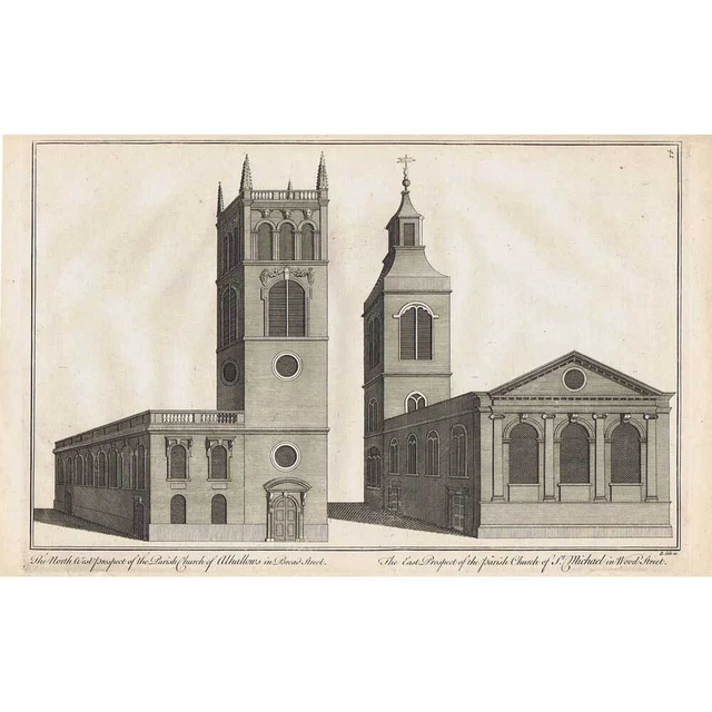 LONDON All Hallows Bread Street & St Michael's Wood Street - Antique Print c1755