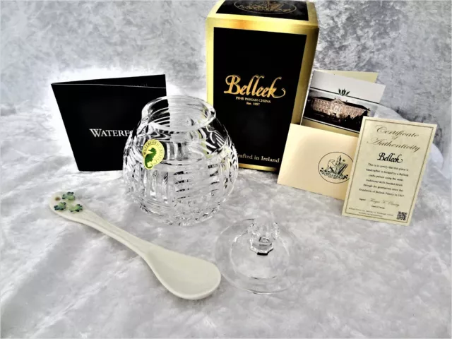 Waterford Crystal 8 oz Basketweave Honey Pot w/ *Belleek Shamrock Spoon* - NIB 3