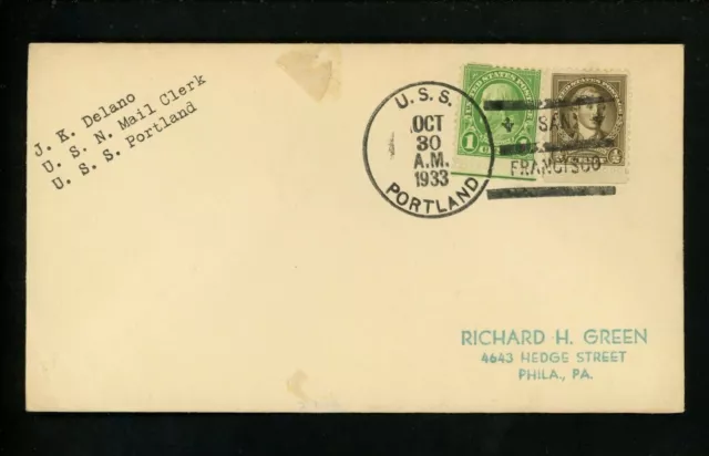 US Naval Ship Cover USS Portland CL-33 Pre WWII 10/30/1933 San Francisco CA