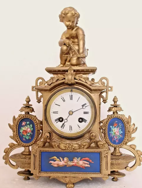 Antique French Ormolu & Porcelain Cupid Cherubs Striking Mantel Clock Works, 14"