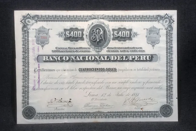 National Bank of Peru 1881 Stock Bond Certificate No. 7222 Banco Nacional