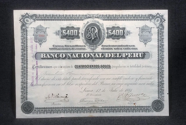 National Bank of Peru 1881 Stock Bond Certificate No. 7222 Banco Nacional
