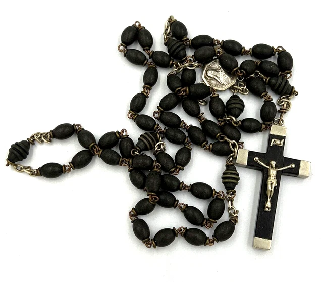 Vintage Religious Rosary Ebony Beads Catholic Christian Crucifix  Lourdes