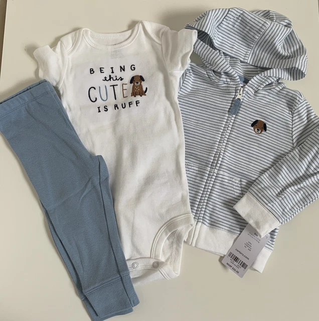 NWT Carters Baby Boys 3 Piece Hoodie Bodysuit & pant Set White Blue 9M