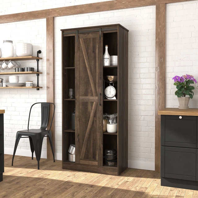 Wood Kitchen Storage Cabinet Pantry Cupboard Organizer with 1 Sliding Barn Door
