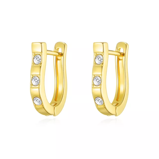 Gold Plated Three Stone Hoop Earrings Created with Zircondia® Crystals