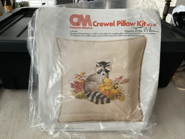 Vintage CM Crewel Pillow Kit Raccoon with Trim Craft Needlework 14x14