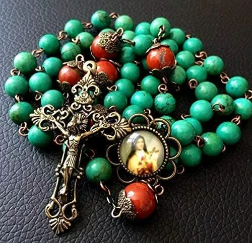 Red Carnelian Beads & Howlite Catholic Rosary Antiqued Bronze Crucifix Necklace