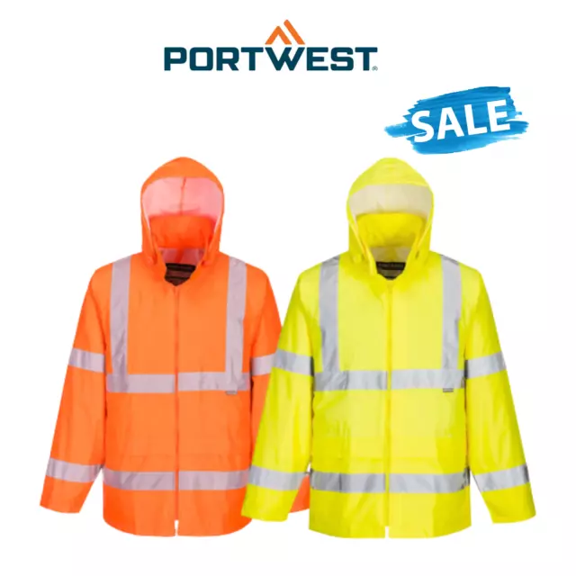 SALE Portwest Hi-Vis Rain Jacket Reflective Taped Hood Work Safety Comfy H440