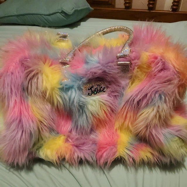 Justice Girls Fuzzy Rainbow Rolling Carry On Travel Book Bag w/ Light Up Wheels