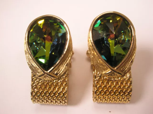 Teardrop Green Rhinestone Wraparound Mesh Watchband Vintage SWANK Cuff Links