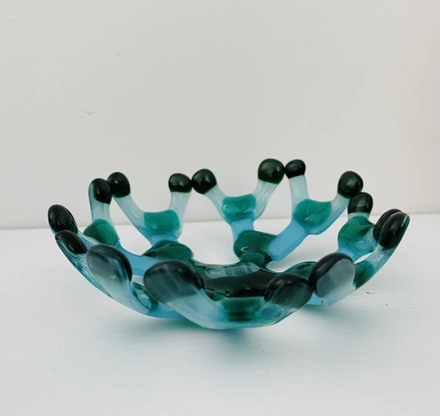 Fused Glass Small Mini Dish Decor Desk Piece Green Blue Coral Hand Made 11cm