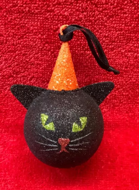 Pier 1 Imports Halloween 3.25" Black Glitter Cat Orange Witch Hat Ornament GUC