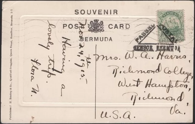 Bermuda, 1915. Censure Noir, Envoie Carte 41, Hamilton - Richmond, VA