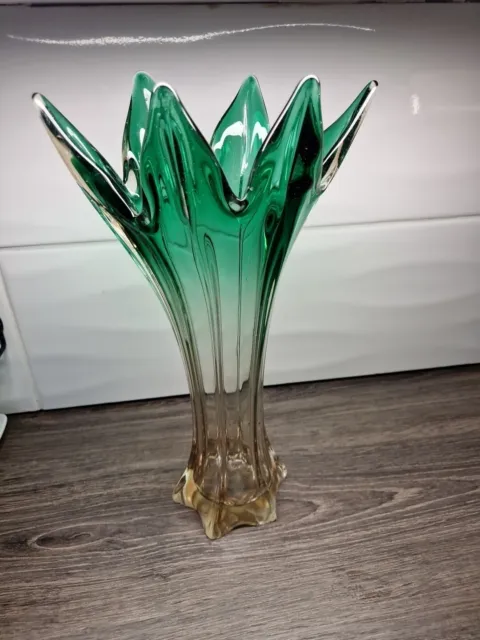 Vintage  Art Glass Hand Blown Yellow Green & Clear Vase Twisted